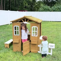 Outsunny Wooden Playhouse for Kids with Door, Windows, Mailbox, Flower Pot Holder, Serving Station, Bench for Children, Yellow(m-2)