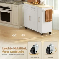 HOMCOM Fahrbare Kücheninsel, erweiterbare Oberfläche, Schranktüren, Schubladen, Handtuchhalter, Küchenwagen aus MDF, Weiß(m-7)