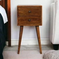 Solid Mango Wood Mini Bedside Cabinet with 2 Smooth-Gliding Drawers, Handcrafted Desk with Nordic Slim Legs, 30L x 30W x 57H cm, Brown(m-1)