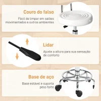 HOMCOM Banco Giratório com Rodas e Encosto Banco de Trabalho com Altura Ajustável Banco Estofado em Couro Sintético 32x40x70x70-86 cm Branco(m-6)