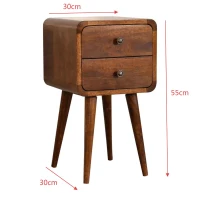 Solid Mango Wood Mini Bedside Table with 2 Smooth-Gliding Drawers, Slim Nordic Legs, Hand-Finished Desk for Living Room, 30L x 30W x 55H cm, Brown(m-3)