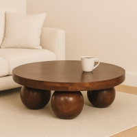 Solid Mango Wood Centre Table with Sculptural Central Ball Base, Handcrafted Desk with Stain-Based Finish, 80L x 80W x 23H cm, Brown