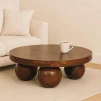 Solid Mango Wood Centre Table with Sculptural Central Ball Base, Handcrafted Desk with Stain-Based Finish, 80L x 80W x 23H cm, Brown(m-1)