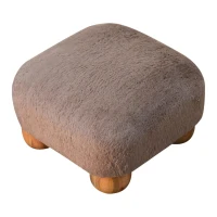 Solid Wood Faux Fur Nordic Footstool with High-Resilience Cushioning, Upholstered Square Seat with Storage Drawer, 42L x 42W x 28H cm, Brown(m-9)