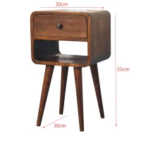 Solid Wood Mini Bedside Table with Drawer and Curved Open Shelf, Handcrafted Desk for Compact Storage, 30L x 30W x 55H cm, Brown(m-3)