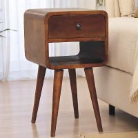 Solid Wood Mini Bedside Table with Drawer and Curved Open Shelf, Handcrafted Desk for Compact Storage, 30L x 30W x 55H cm, Brown(m-1)