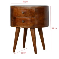 Solid Mango Wood Rounded Bedside Table with Stain Finish, Handcrafted Desk with 2 Smooth-Gliding Drawers, 35L x 45W x 54H cm, Brown(m-3)