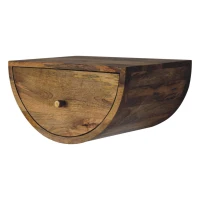 Solid Mango Wood Crescent Floating Bedside Table with Drawer and Brass Knob, Handcrafted Desk for Bedroom, 32L x 45W x 23H cm, Brown(m-7)