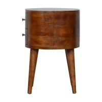 Solid Mango Wood Rounded Bedside Table with Stain Finish, Handcrafted Desk with 2 Smooth-Gliding Drawers, 35L x 45W x 54H cm, Brown(m-6)