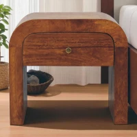 Solid Mango Wood Drum-Style Bedside Table with Smooth-Gliding Drawer, Handcrafted Desk with Stain Finish, 35L x 45W x 40H cm, Brown(m-1)