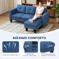 HOMCOM Sofá Chaise Longue Sofá em Forma de L Estofado em Poliéster Sofá de Canto Reversível 186x130x84 cm Azul Escuro(m-4)