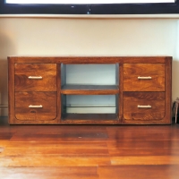 Solid Wood Luca Media Unit with 2 Open Compartments and 4 Drawers, Handcrafted TV Cabinet for Living Room, 35L x 110W x 45H cm, Brown