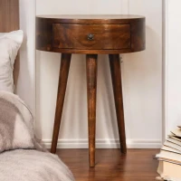 100% Solid Mango Wood Semi-Circular Bedside Table with Distinctive Grain, Desk with Drawer and Nordic Legs, 32L x 40W x 52H cm, Brown(m-1)