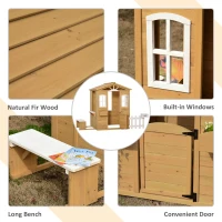 Outsunny Kinderspielhaus mit Fenster Briefkasten Outdoor Gartenspielhaus mit Blumentopfrack Zaun Bank Holzspielhaus Tannenholz Natur+Weiß(m-6)