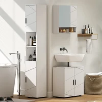 kleankin Line Embossed Tall Bathroom Storage Cabinet - White(m-8)