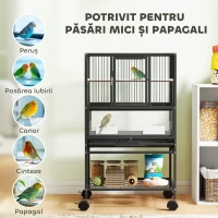 PawHut Cușcă pentru Păsări cu Roți cu Raft Inferior, Tavă și Grilă Negru(m-8)