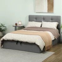HOMCOM Cama com baú 140x190, estrutura de cama de casal estofada com sommier de ripas em madeira e arrumação oculta, sem colchão, cinza(m-4)