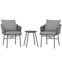 Outsunny Conjunto de móveis exteriores 3 peças, 2 cadeiras, 1 mesa, conjunto bistrô, rattan sintético, estrutura de aço, mesa metálica, 4 almofadas, cinza