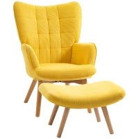 HOMCOM Poltrona de destaque com otoman, Poltrona relax em veludo cotelê, Poltrona com apoios de braço e pernas de madeira, para sala de estar, Amarelo(m-6)