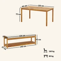 Outsunny Conjunto de 3 peças para jardim, conjunto de assentos com 1 mesa de jantar com orifício para guarda-sol, 2 bancos 150 x 85 x 75 cm Teca(m-3)