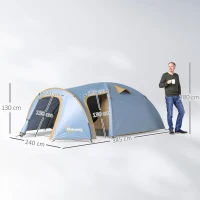 Outsunny Tenda de campismo para 4 pessoas, tenda em túnel impermeável com 2 portas, gancho, bolsa de transporte 3,45 x 2,4 x 1,3 m Azul claro(m-3)