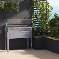 Outsunny Canteiro elevado em madeira com estufa 2 em 1 Casa de tomates Canteiro de legumes Canteiro de ervas Caixa de plantio para jardim, varanda e terraço Policarbonato Cinza 120 x 54 x 112/122 cm(m-2)