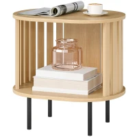 HOMCOM Mesa lateral oval mesa de apoio armazenamento aberto pés em aço design de ripas 50x39x50cm efeito madeira natural(m-8)