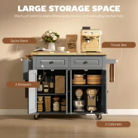 HOMCOM Rolling Kitchen Island Storage Trolley with Rubber Wood Top & Drawers for Dining Room, Grey(m-6)