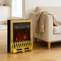 HOMCOM Camino Elettrico da Terra 1000/2000 W Effetto Fiamma LED, Caminetto Elettrico con Protezione da Surriscaldamento e Ribaltamento, Riscaldamento Regolabile, Oro(m-2)