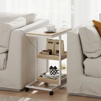 HOMCOM Mesa Auxiliar en Forma de C con Ruedas Estantes Abiertos y Marco de Acero para Salón Dormitorio 51x33x66cm Natural y Blanco(m-4)