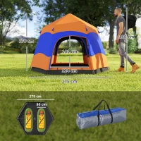 Outsunny Tenda Instantânea Pop-Up de Dupla Camada com Toldo, Tenda Familiar Outdoor para 4 Pessoas à prova d'água Hexagonal 4 Estações Tenda Cúpula com Lona de Chão 2 Portas Mosquiteiro Bolsa de Transporte Laranja(m-3)