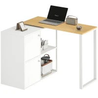 HOMCOM Mesa em L, escrivaninha de canto giratória 360° com 2 armários de armazenamento, 2 prateleiras abertas, mesa de computador para espaços pequenos, escritório, sala de estar, 150x40x75 cm, Branco(m-6)