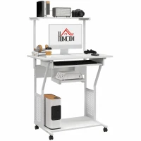 HOMCOM Mesa para computador com rodízios e prateleiras de armazenamento, estação de trabalho com bandeja para teclado, 80x50x130cm, branco(m-7)