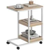 HOMCOM Mesa Auxiliar en Forma de C con Ruedas Estantes Abiertos y Marco de Acero para Salón Dormitorio 51x33x66cm Natural y Blanco(m-7)