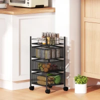 HOMCOM Carrello Cucina a 3 Livelli con Cestini in Metallo Girevoli, Ruote e Freno, 27.5x27.5x62 cm, Nero(m-2)