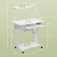 HOMCOM Mesa para computador com rodízios e prateleiras de armazenamento, estação de trabalho com bandeja para teclado, 80x50x130cm, branco(m-3)