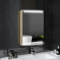 HOMCOM Armário mural móvel de banheiro com espelho, iluminação LED e prateleiras de vidro ajustáveis 50x12,5x70cm, madeira natural(m-2)