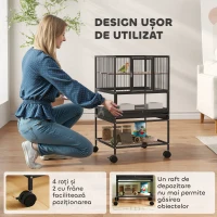 PawHut Cușcă pentru Păsări cu Roți cu Raft Inferior, Tavă și Grilă Negru(m-7)
