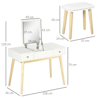 HOMCOM Conjunto de penteadeira com banqueta espelho rebatível estilo escandinavo 2 gavetas 100 x 45 x 118 cm, branco(m-3)