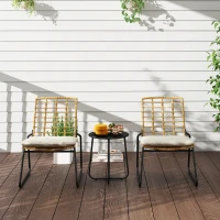 Outsunny Conjunto de móveis de jardim de 3 peças, 2 cadeiras de rattan, 1 mesa com tampo metálico, almofadas, conjunto bistrô, Bege & Castanho(m-5)