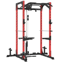 SPORTNOW Stazione Fitness con Supporto per Bilanciere e Barra per Trazioni e Dip, in Acciaio, 191x153x205 cm, Rosso e Nero(m-11)