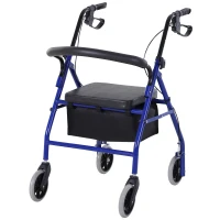 HOMCOM Andador 4 rodas - andador dobrável e leve - assento + encosto acolchoado - pegas ergonómicas, travões de mão - cesto de arrumação - metal azul(m-8)