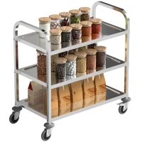 HOMCOM Desserte de cuisine à roulettes à 3 étagères, chariot de rangement en acier inox., chariot de cuisine et salle à manger, 90,5 x 50,5 x 88,2 cm, argenté(m-12)