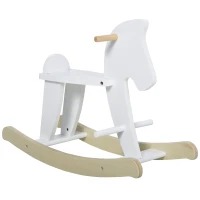 HOMCOM Cavalo de Balanço em Madeira - Brinquedo de Balanço com Alças, Apoio para os Pés e Batentes - MDF Contraplacado Branco e Madeira Natural(m-1)
