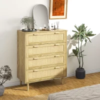 HOMCOM Cômoda 4 gavetas móvel de arrumação frente em trançado de rattan estilo boêmio dim. 90l x 45P x 108,5H cm Aspeto Madeira Clara(m-6)