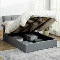 HOMCOM Cama com baú 140x190, estrutura de cama de casal estofada com sommier de ripas em madeira e arrumação oculta, sem colchão, cinza(m-7)