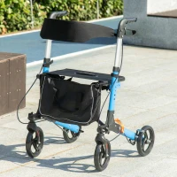 HOMCOM Andador dobrável com assento e encosto 4 rodas dobrável ajustável com bolsa de arrumação travões de mão azul e preto(m-6)