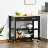 HOMCOM Carrinho de serviço para cozinha com rodas 2 prateleiras 2 gavetas preto madeira natural(m-6)