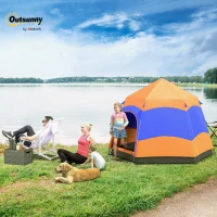 Outsunny Tenda Instantânea Pop-Up de Dupla Camada com Toldo, Tenda Familiar Outdoor para 4 Pessoas à prova d'água Hexagonal 4 Estações Tenda Cúpula com Lona de Chão 2 Portas Mosquiteiro Bolsa de Transporte Laranja(m-5)