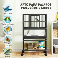 PawHut Jaula para Pájaros con Paneles Acrílicos Comederos Soporte Ruedas y Estante Inferior 48x46x83 cm Negro(m-8)